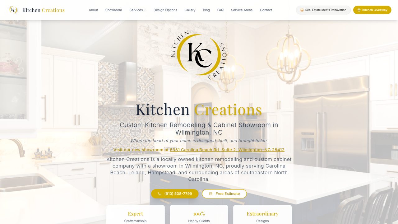 Kitchen Creations homepage: warm kitchen photography behind the brand mark, with showroom address, phone and free estimate actions.