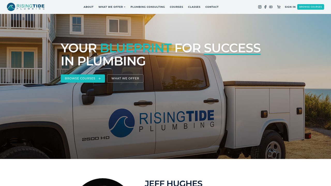 Rising Tide Plumbing homepage: full-width hero photograph of a service truck at sunrise with course and services calls to action.